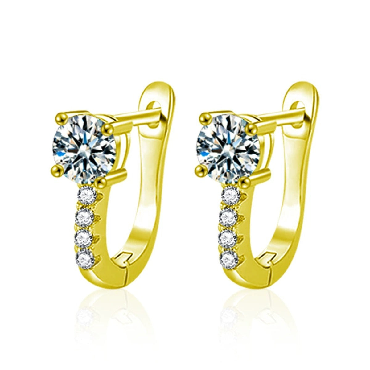 Round Moissanite Pavé Huggie Hoop Earrings with CZ in Gold-Plated S925 sterling silver white background product photo showing the pair, stone shape, and huggie hoop earrings silhouette