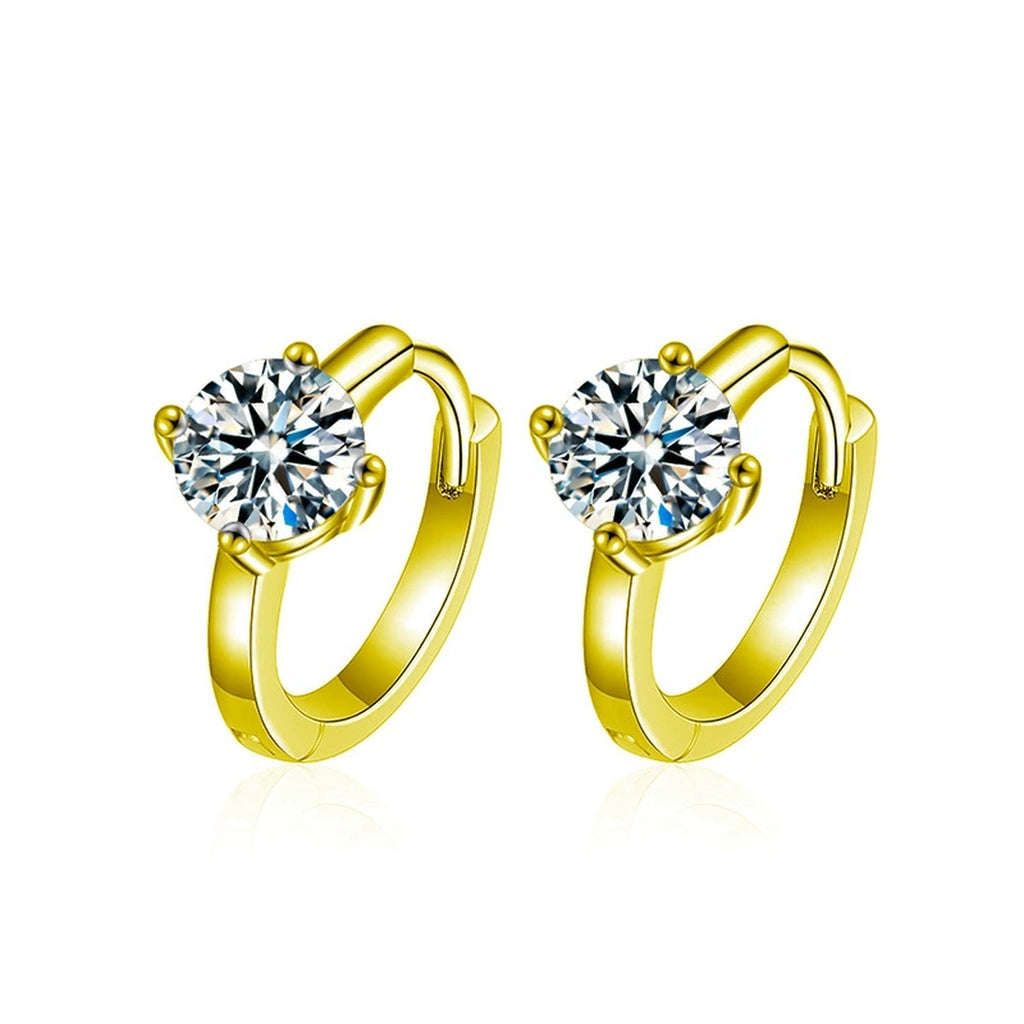 Four-Prong Round Moissanite Huggie Hoop Earrings in Gold-Plated S925 sterling silver white background product photo showing the pair, stone shape, and huggie hoop earrings silhouette