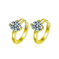 Four-Prong Round Moissanite Huggie Hoop Earrings in Gold-Plated S925 sterling silver white background product photo showing the pair, stone shape, and huggie hoop earrings silhouette