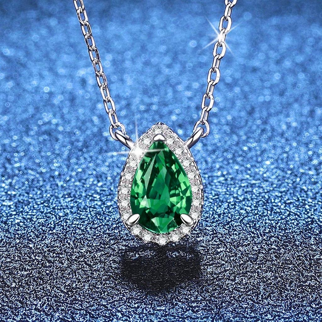 Pear Lab-Grown Gemstone and Moissanite Pendant Necklace in White Gold-Plated S925 Sterling Silver blue background product view
