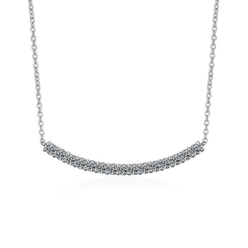 curved moissanite bar necklace in platinum-plated S925 sterling silver front view on white background