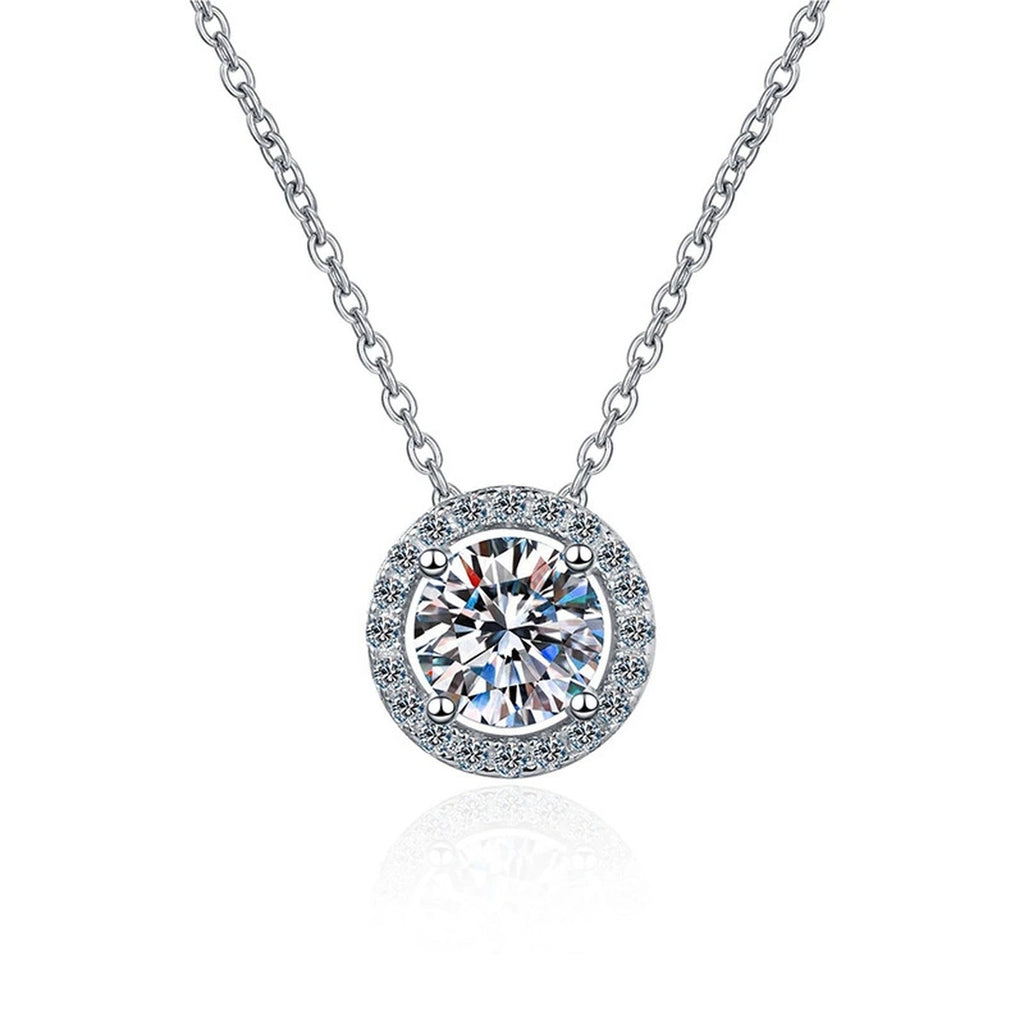Round Halo Moissanite Pendant Necklace in Platinum-Plated S925 Sterling Silver clean white background product image