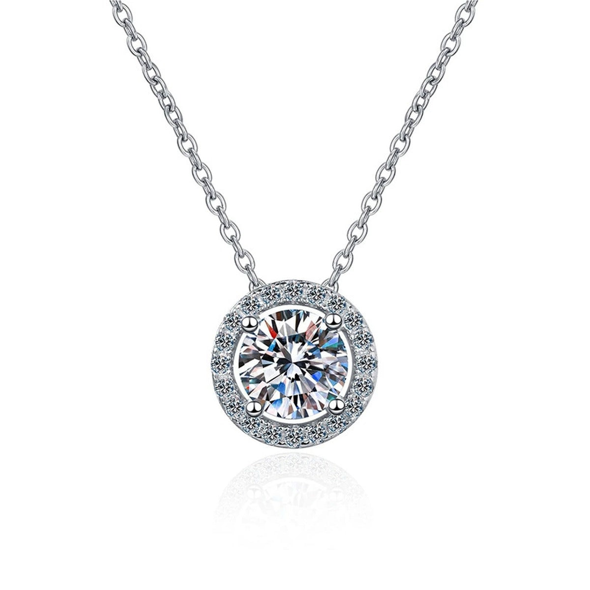 Round Halo Moissanite Pendant Necklace with Cubic Zirconia in White Gold-Plated S925 Sterling Silver on clean white background showing the round halo pendant with a four-prong moissanite center and cubic zirconia halo