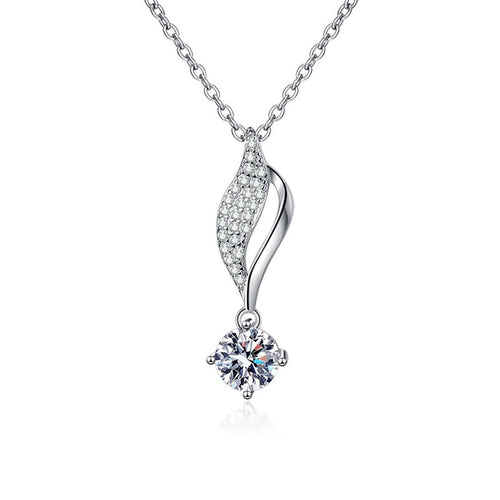 Curved Leaf Moissanite Drop Necklace in Platinum-Plated S925 Sterling Silver clean white background product image