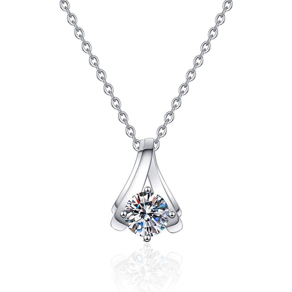 Teardrop Solitaire Moissanite Pendant Necklace in Platinum-Plated S925 Sterling Silver on clean white background