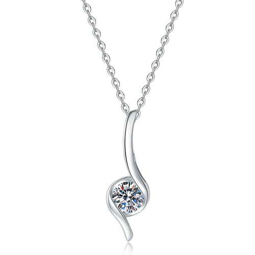 Curved Line Moissanite Pendant Necklace in Platinum-Plated S925 Sterling Silver on clean white background showing the long curved line pendant with a side-set moissanite
