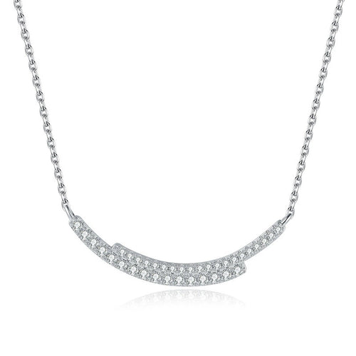 Curved Moissanite Bar Necklace in Platinum-Plated S925 Sterling Silver on clean white background showing the curved bar necklace with petite round moissanite stones