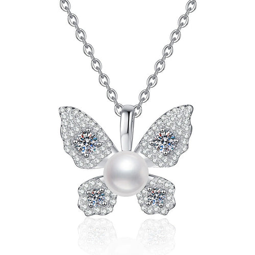 Butterfly Moissanite Freshwater Pearl Pendant Necklace with Cubic Zirconia in White Gold-Plated S925 Sterling Silver on clean white background showing the butterfly-inspired pendant with a freshwater pearl center