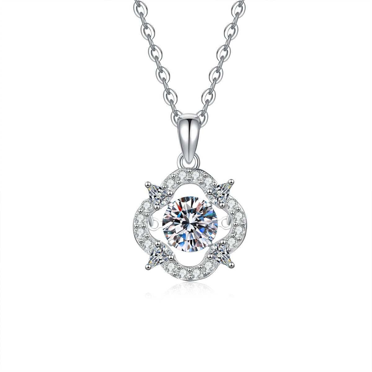 Floral Round Moissanite Pendant Necklace with Cubic Zirconia in Platinum-Plated S925 Sterling Silver on clean white background showing the rounded floral pendant with a moissanite center and cubic zirconia petals