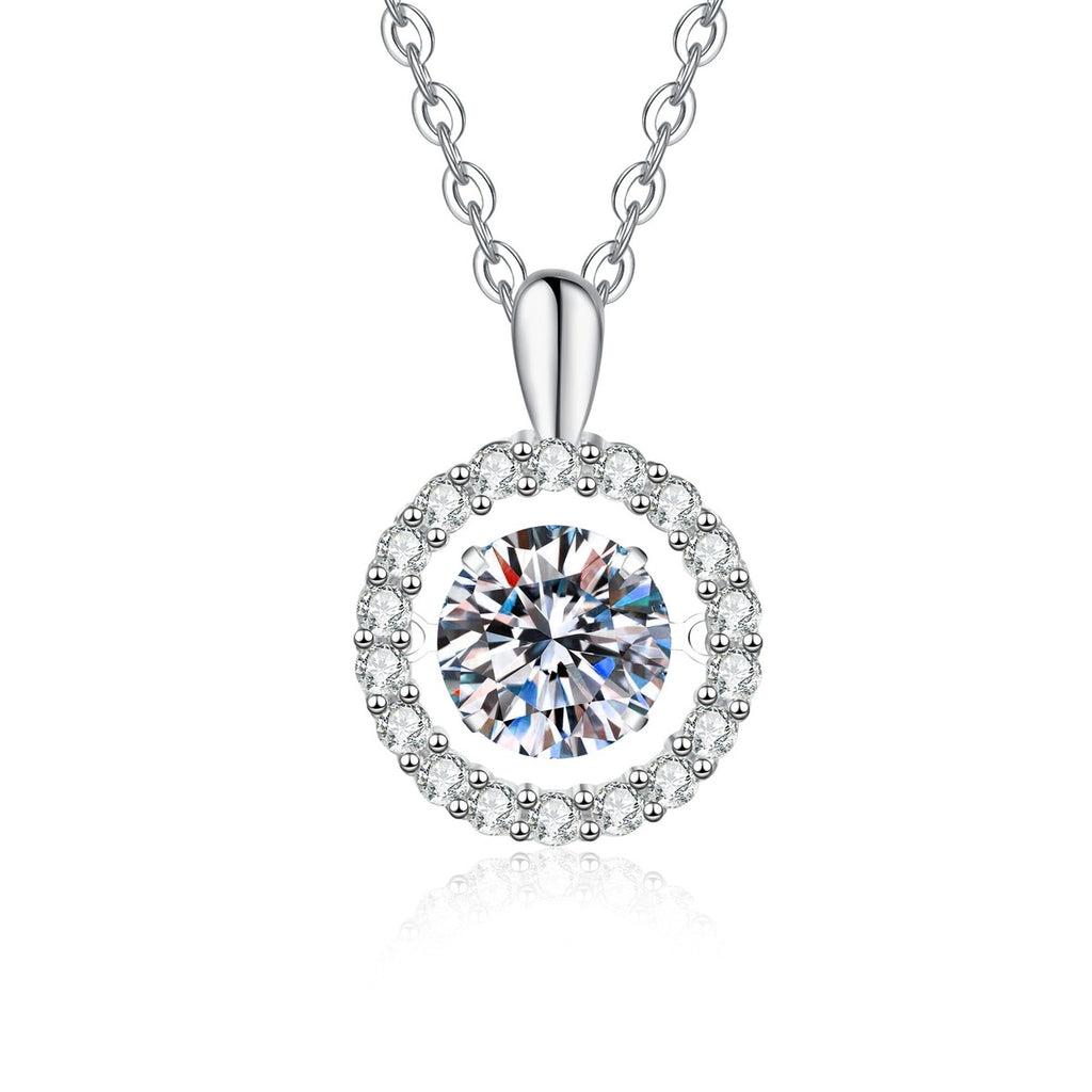 Round Halo Moissanite Pendant Necklace with Cubic Zirconia in Platinum-Plated S925 Sterling Silver on clean white background showing the round halo pendant with a bright moissanite center