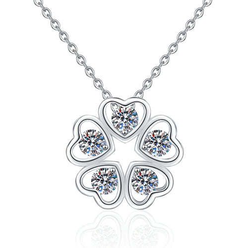 Clover Moissanite Pendant Necklace in Platinum-Plated S925 Sterling Silver on clean white background showing the four-leaf clover pendant with round moissanite accents