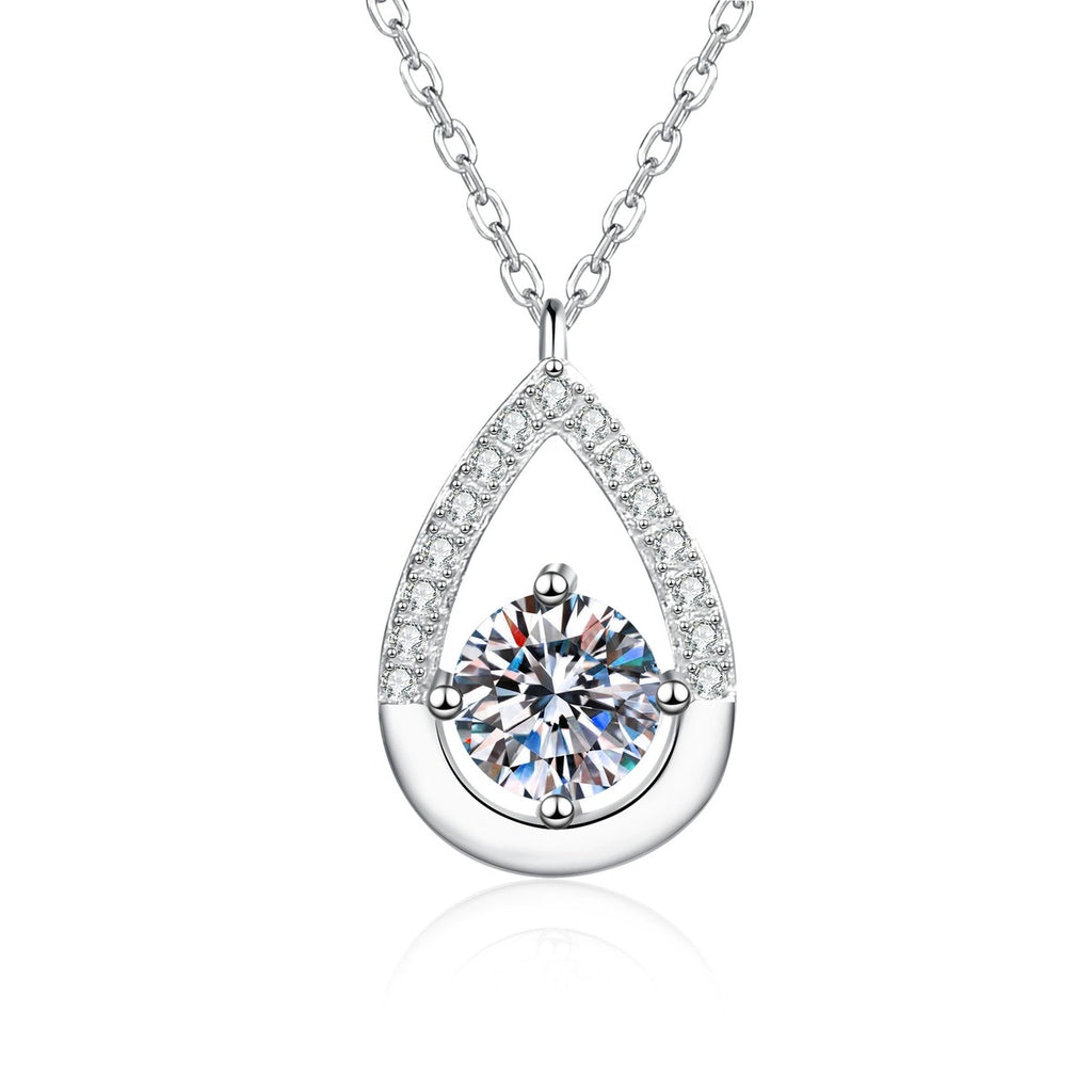 Teardrop Moissanite Pendant Necklace with Cubic Zirconia in Platinum-Plated S925 Sterling Silver on clean white background showing the teardrop pendant with a round moissanite center