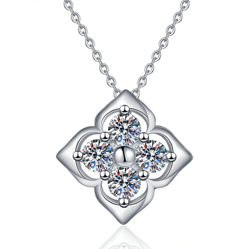 Clover Moissanite Pendant Necklace in S925 Sterling Silver on clean white background showing the open clover flower pendant with small moissanite stones