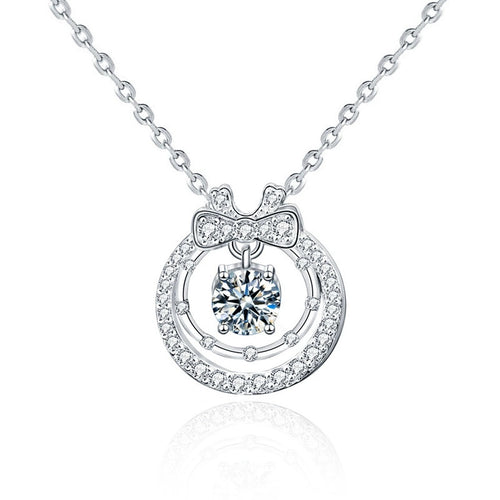 Bow Round Moissanite Necklace with CZ in White Gold-Plated S925 sterling silver white background product photo showing bow-inspired pendant with a moving round moissanite center and CZ frame