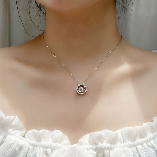 Bow Round Moissanite Necklace with CZ in White Gold-Plated S925 sterling silver neckline model view showing pendant scale and chain length