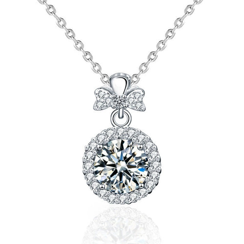 Bowknot Halo Round Moissanite Necklace with CZ in White Gold-Plated S925 sterling silver white background front product view showing sculpted bowknot pendant framing a round moissanite in a delicate halo