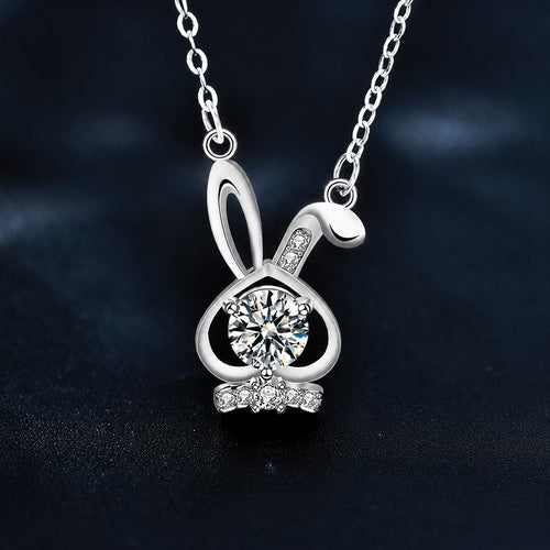 Bunny Round Moissanite Necklace with CZ in White Gold-Plated S925 sterling silver close-up product scene showing pendant setting