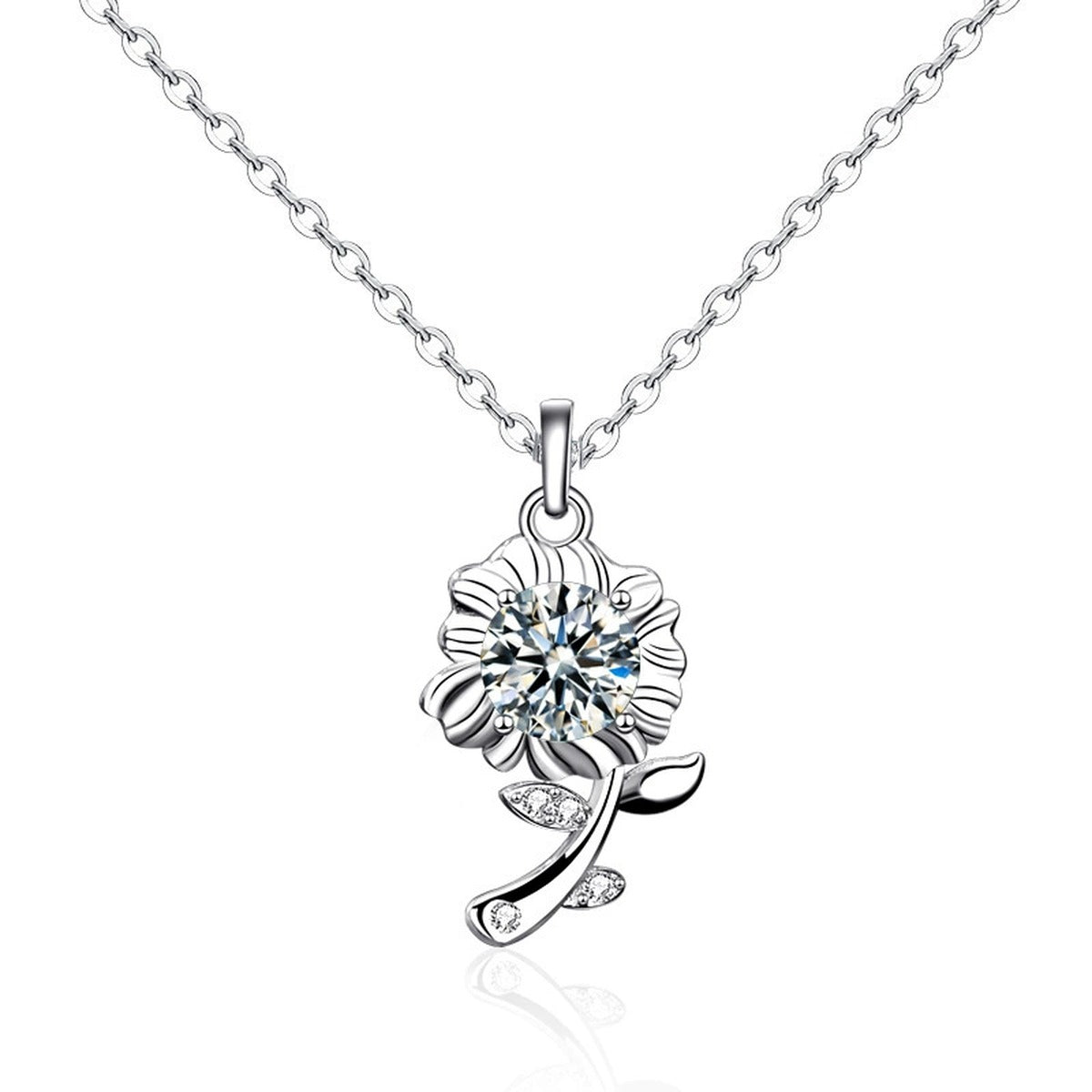Floral Colored Moissanite Necklace with CZ in White Gold-Plated S925 sterling silver close-up product scene showing pendant setting