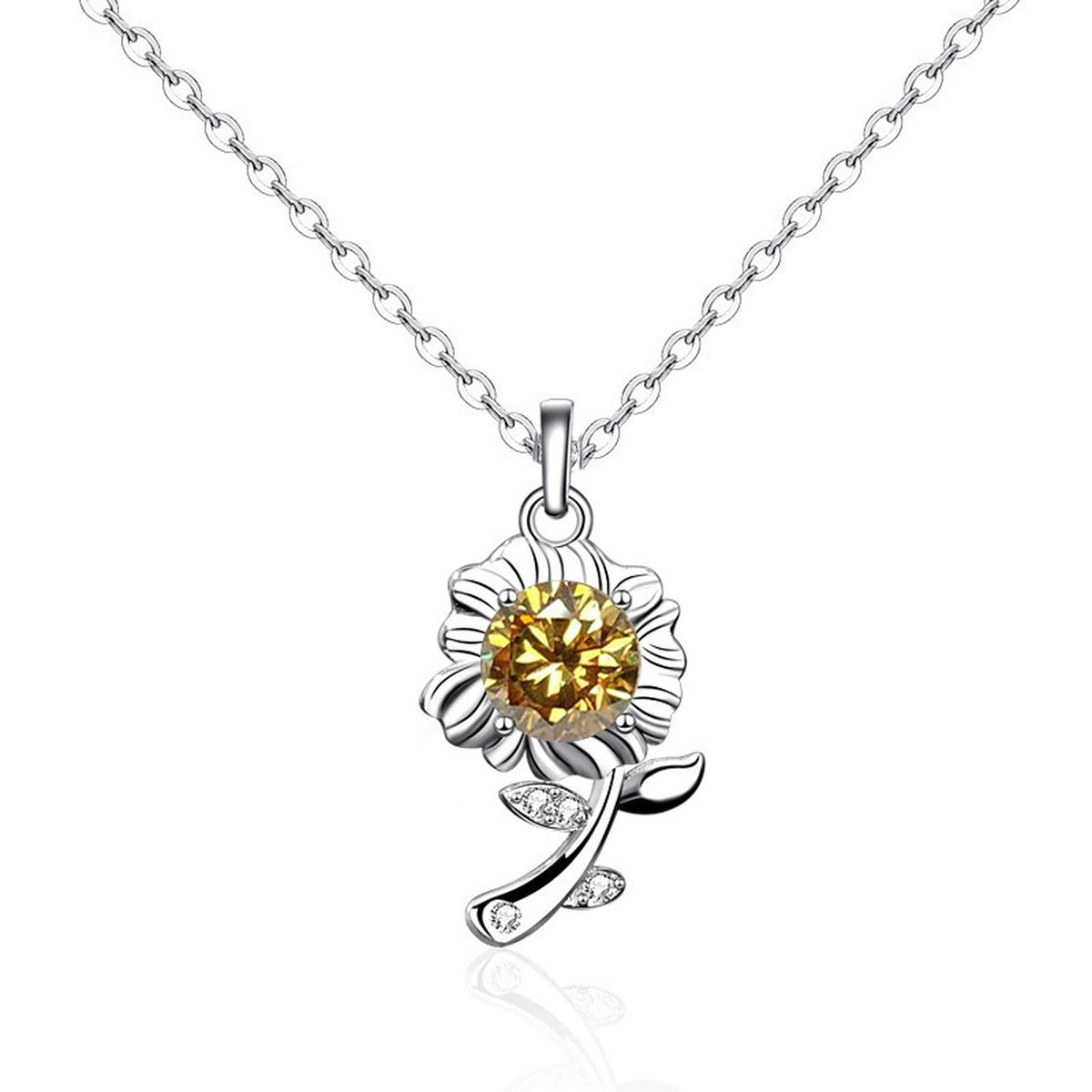 Floral Colored Moissanite Necklace with CZ in White Gold-Plated S925 sterling silver blue display scene showing chain and stone layout