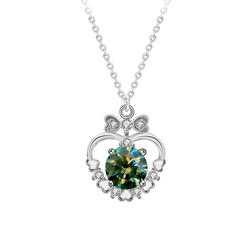 Bowknot Heart Round Moissanite Necklace with CZ in White Gold-Plated S925 sterling silver white background front product view showing bowknot-topped heart pendant offered with green or white round moissanite