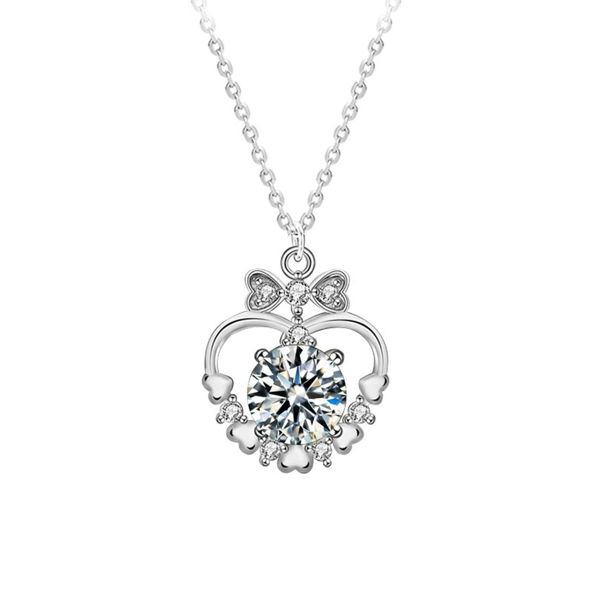 Bowknot Heart Round Moissanite Necklace with CZ in White Gold-Plated S925 sterling silver alternate metal color white background product view showing bowknot-topped heart pendant offered with green or white round moissanite