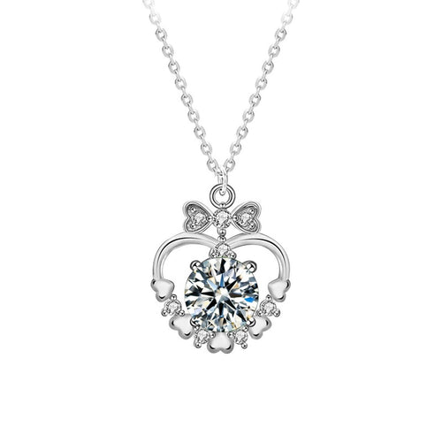 Bowknot Heart Round Moissanite Necklace with CZ in White Gold-Plated S925 sterling silver alternate metal color white background product view showing bowknot-topped heart pendant offered with green or white round moissanite