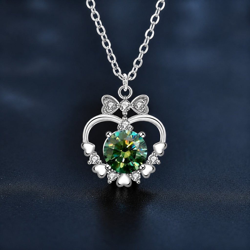 Bowknot Heart Colored Moissanite Necklace with CZ in White Gold-Plated S925 Sterling Silver blue display pendant view with bowknot heart pendant design