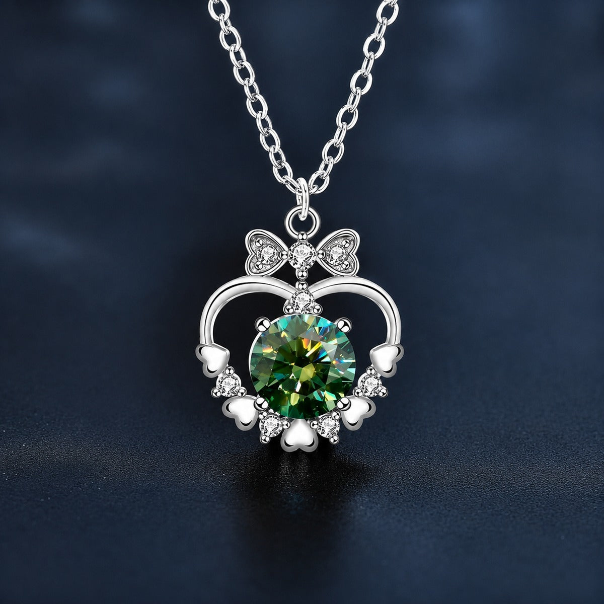 Bowknot Heart Colored Moissanite Necklace with CZ in White Gold-Plated S925 Sterling Silver blue display pendant view with bowknot heart pendant design