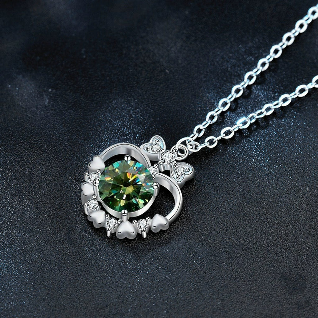 Bowknot Heart Colored Moissanite Necklace with CZ in White Gold-Plated S925 Sterling Silver close-up product detail view with bowknot heart pendant design