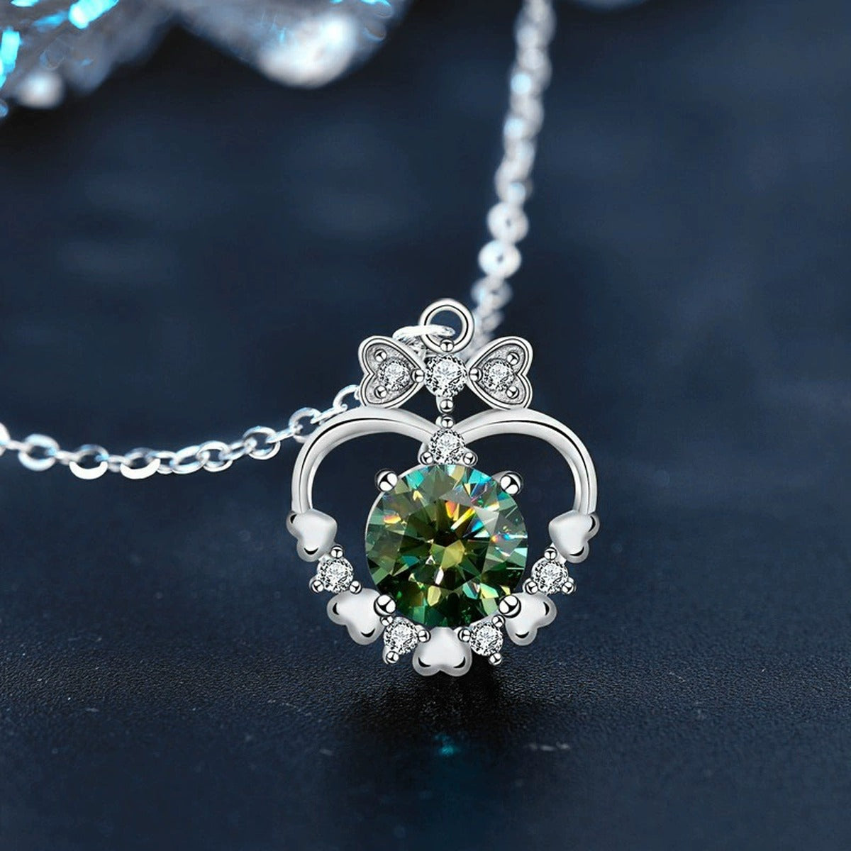 Bowknot Heart Colored Moissanite Necklace with CZ in White Gold-Plated S925 Sterling Silver angled product scene view with bowknot heart pendant design