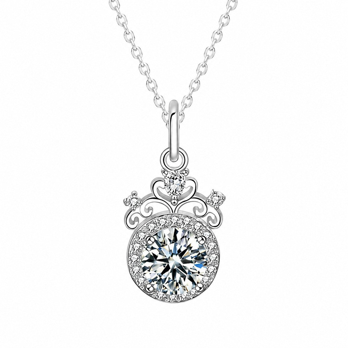 Knight and Princess Couples Moissanite Necklaces in White Gold-Plated S925 sterling silver angled product detail view