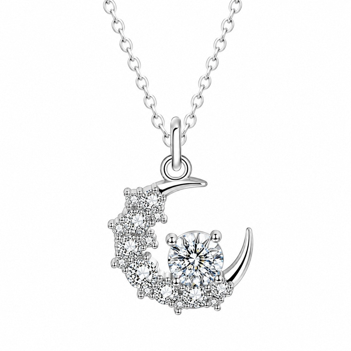 Sun and Moon Couples Moissanite Necklaces in White Gold-Plated S925 sterling silver angled product detail view