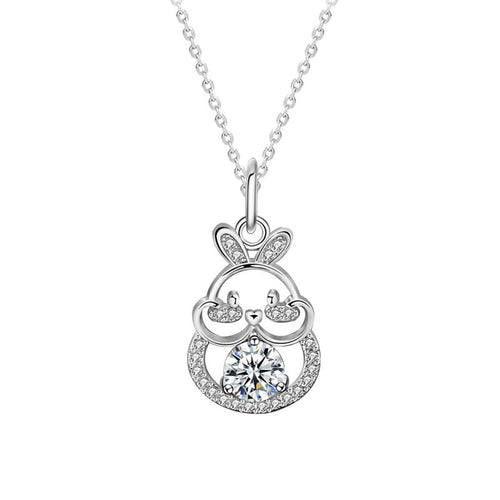 Bunny Round Moissanite Necklace with CZ in White Gold-Plated S925 sterling silver white background product photo showing bunny pendant with round moissanite center and CZ ears