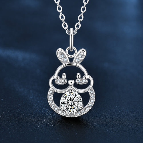 Bunny Round Moissanite Necklace with CZ in White Gold-Plated S925 sterling silver close-up product scene showing pendant setting