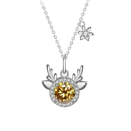 Antler Snowflake Colored Moissanite Necklace with CZ in White Gold-Plated S925 sterling silver white background product photo showing antler and snowflake pendant offered with white, champagne yellow, or green round moissanite