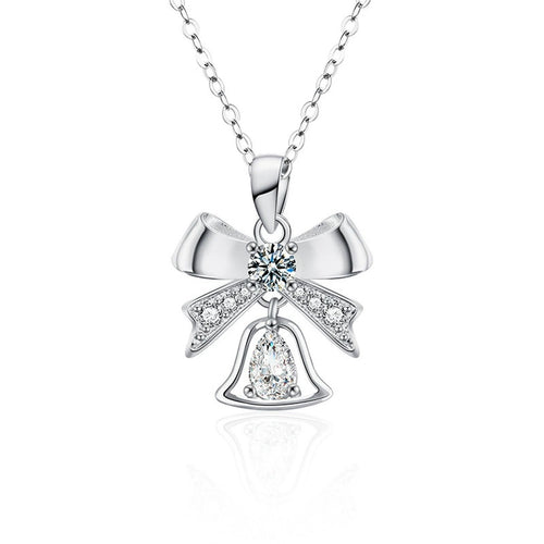 Bowknot Bell Pear Cut Moissanite Necklace with CZ in White Gold-Plated S925 sterling silver white background product photo showing bowknot and bell pendant with a 4x6mm pear-cut moissanite and CZ accents