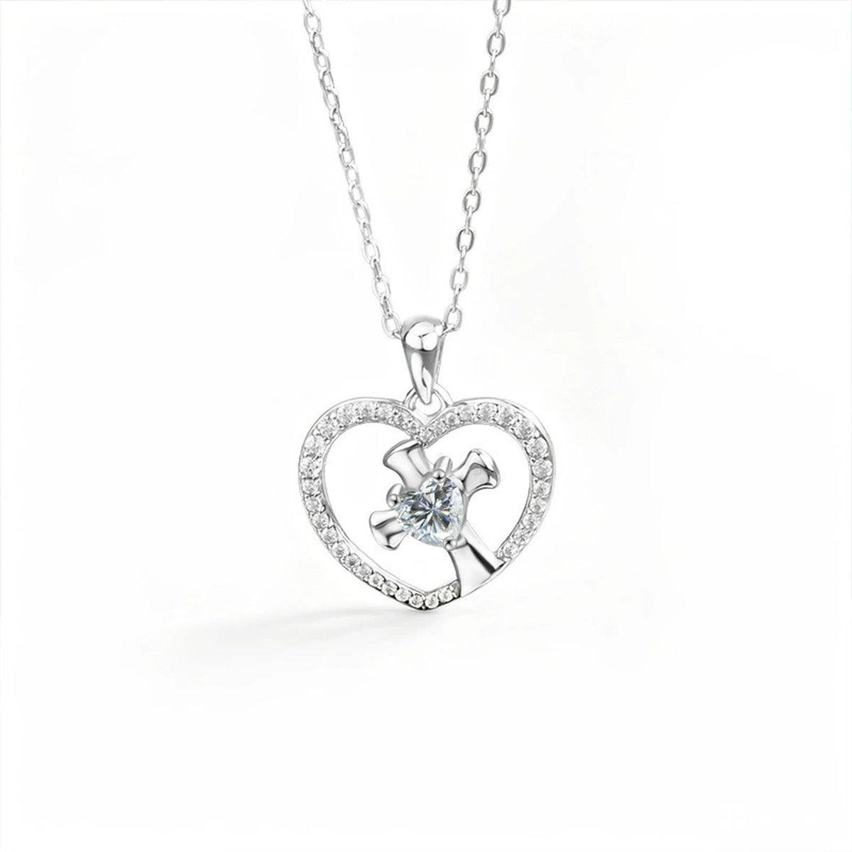 Heart Cross Moissanite Necklace with CZ in Gold-Plated S925 sterling silver alternate metal color white background product view showing open heart pendant framing a cross and heart-cut moissanite