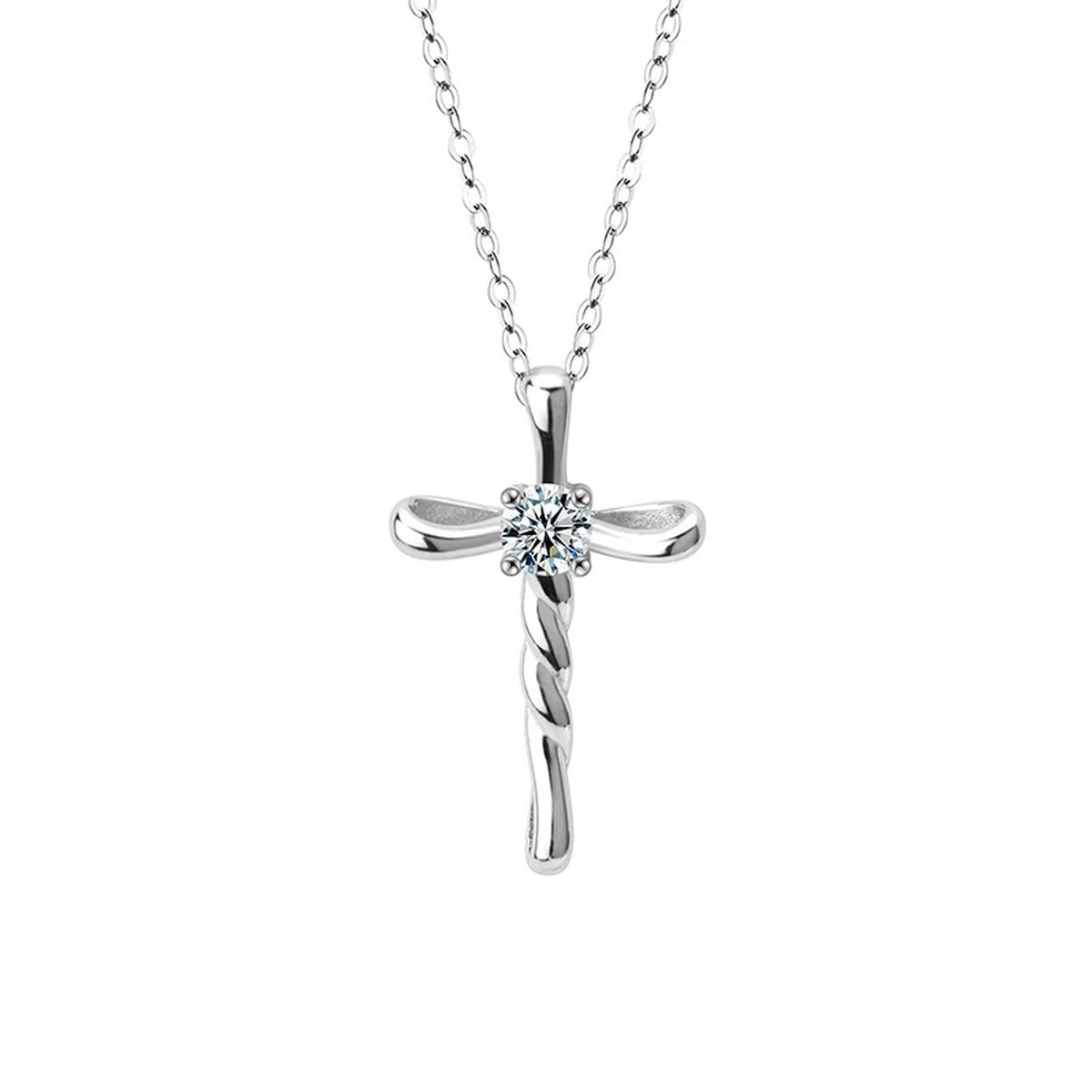 Cross Round Moissanite Necklace in Gold-Plated S925 sterling silver alternate metal color white background product view showing clean cross pendant centered with a round moissanite
