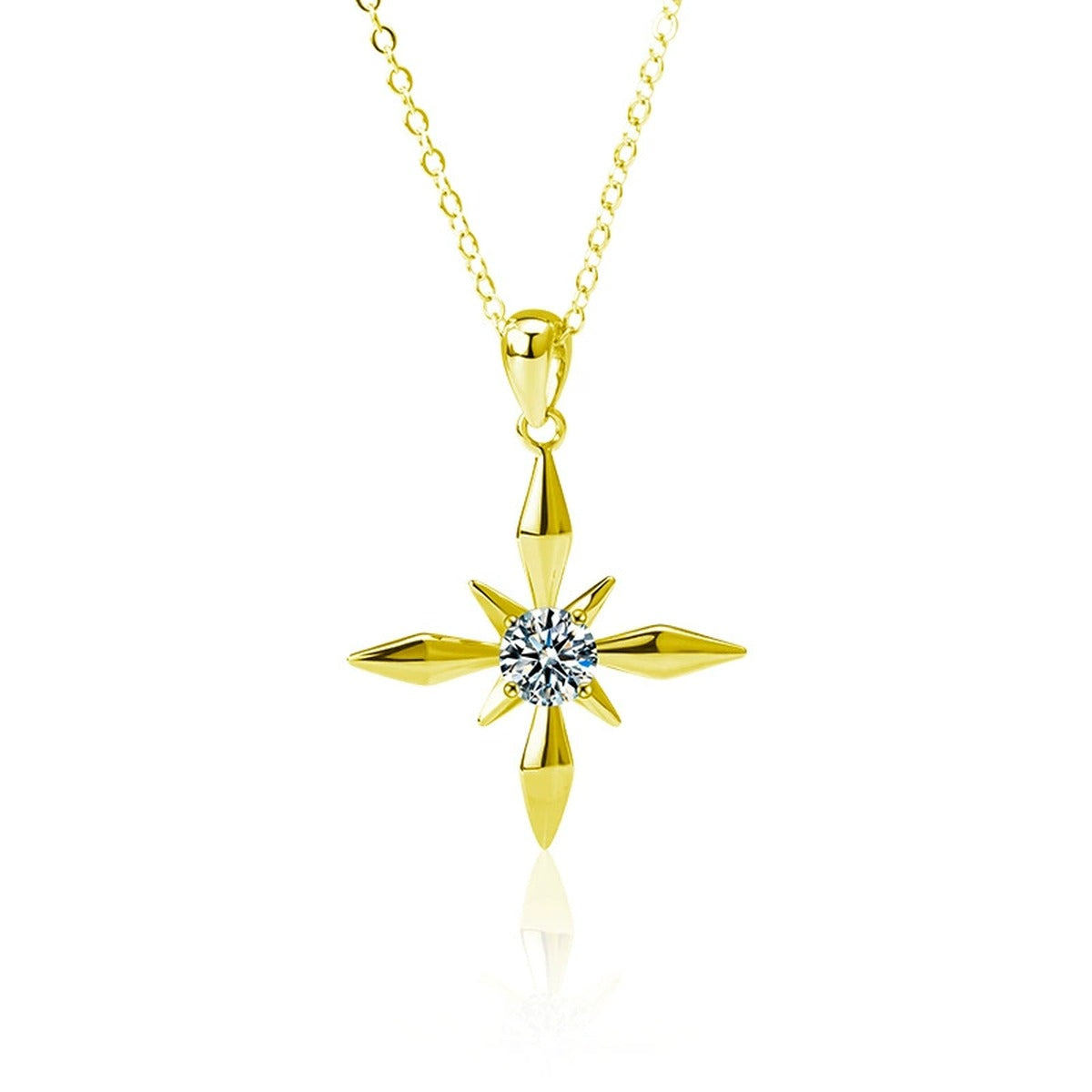 Four-Point Star Round Moissanite Necklace in Gold-Plated S925 sterling silver white background product photo showing four-point star pendant with a 0.5 ct round moissanite center