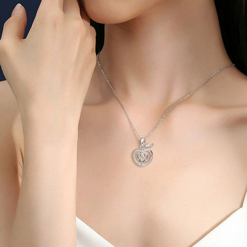 Apple Heart Cut Moissanite Necklace with CZ in White Gold-Plated S925 sterling silver neckline model view showing pendant scale and chain length