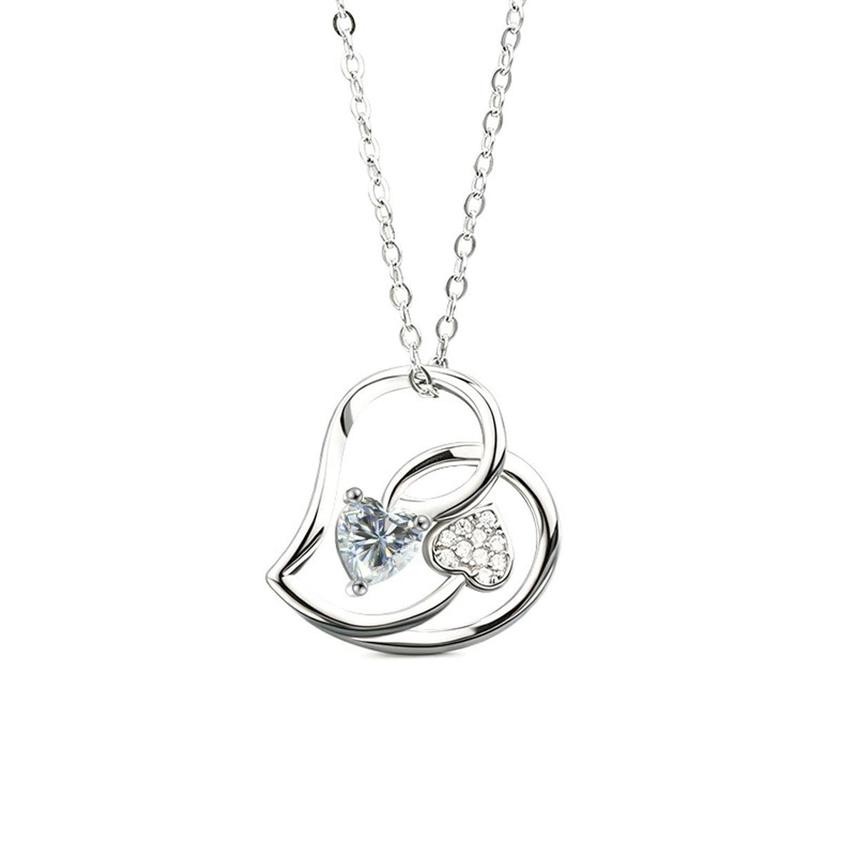 Double Heart Moissanite Necklace with CZ in Gold-Plated S925 sterling silver alternate metal color white background product view showing layered double-heart pendant set with a heart-cut moissanite and CZ accent heart