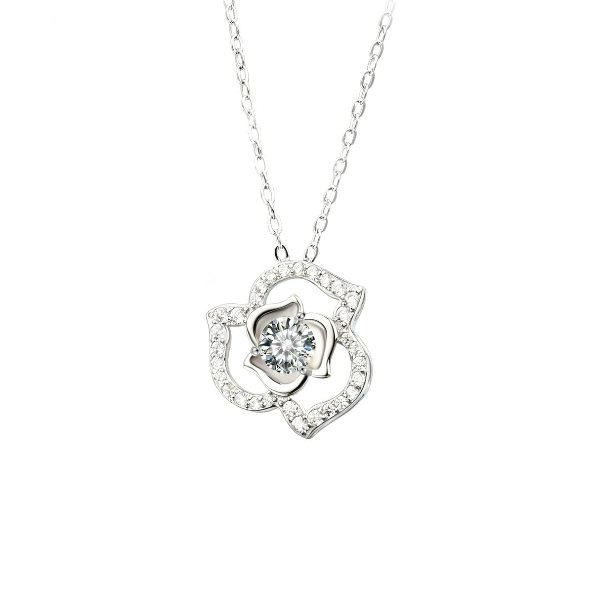 Rose Heart Round Moissanite Necklace with CZ in Gold-Plated S925 sterling silver alternate metal color white background product view showing layered rose and heart pendant centered with a round moissanite