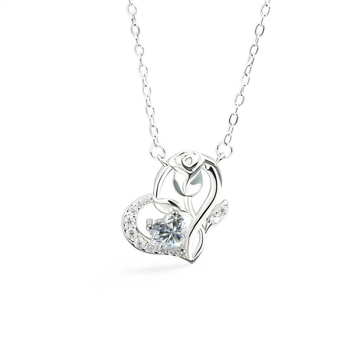 Rose Heart Moissanite Necklace with CZ in Gold-Plated S925 sterling silver alternate metal color white background product view showing heart pendant shaped by a sculpted rose stem and heart-cut moissanite