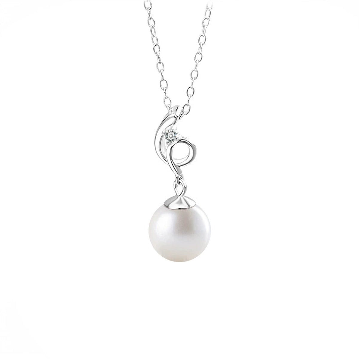 Pearl Drop Round Moissanite Necklace in Gold-Plated S925 sterling silver alternate metal color white background product view showing slender pearl drop accented by a petite round moissanite