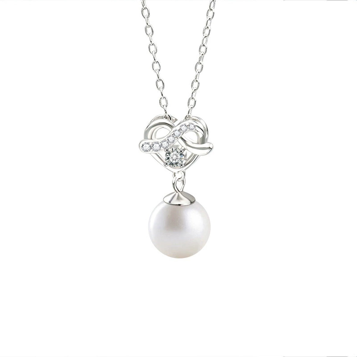 Heart Pearl Round Moissanite Necklace with CZ in Gold-Plated S925 sterling silver alternate metal color white background product view showing heart-accented pearl drop set with a round moissanite and CZ