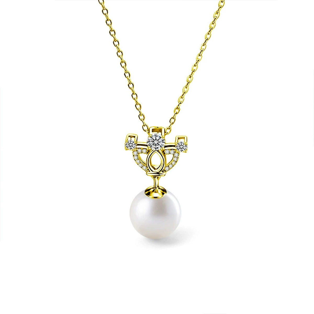 Crown Moissanite and Pearl Necklace with CZ in Gold-Plated S925 sterling silver white background front product view showing a crown-inspired setting above a near-round pearl