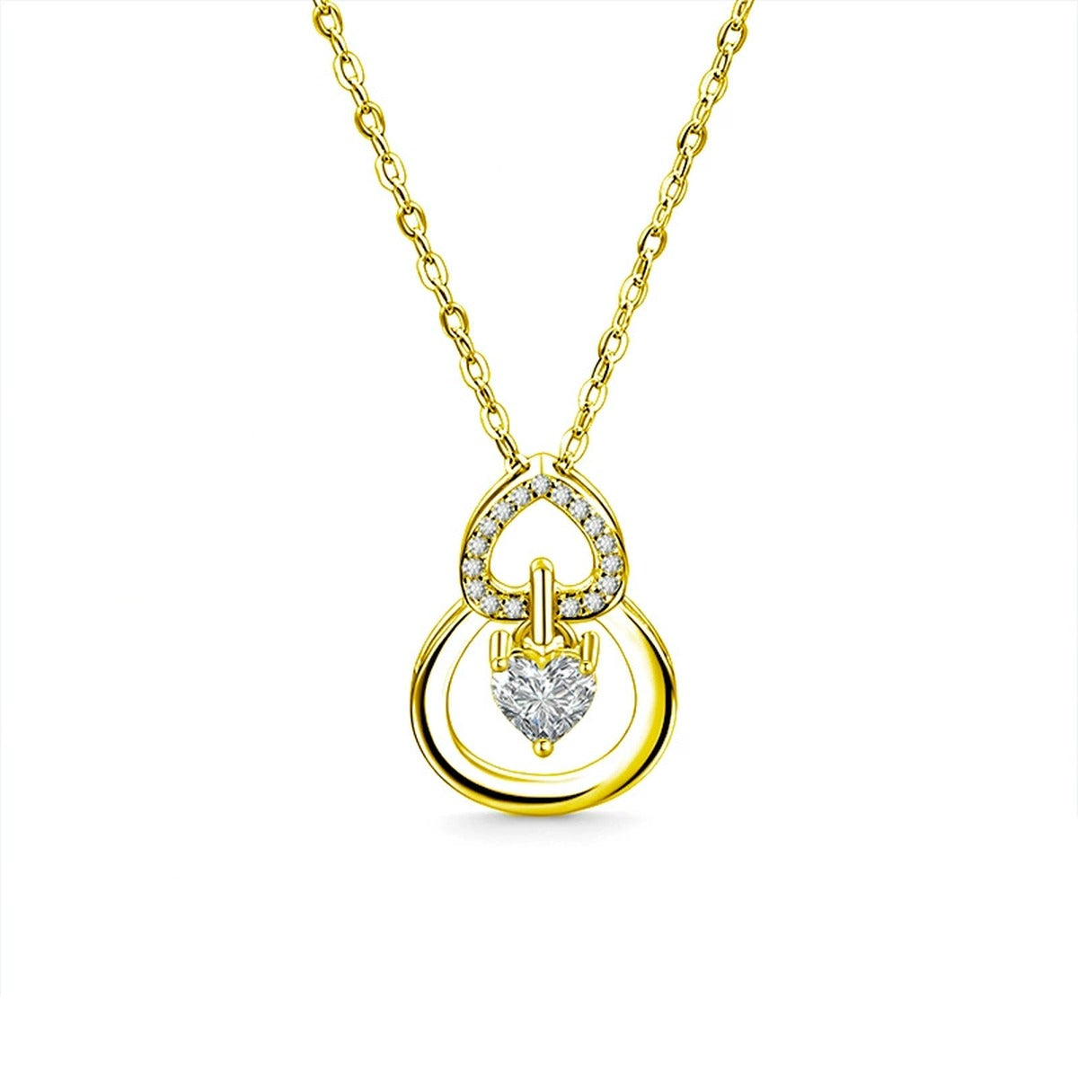 Gourd Heart Cut Moissanite Pendant Necklace with CZ in Gold-Plated S925 sterling silver white background front product view showing a double-gourd outline framing a heart-cut moissanite