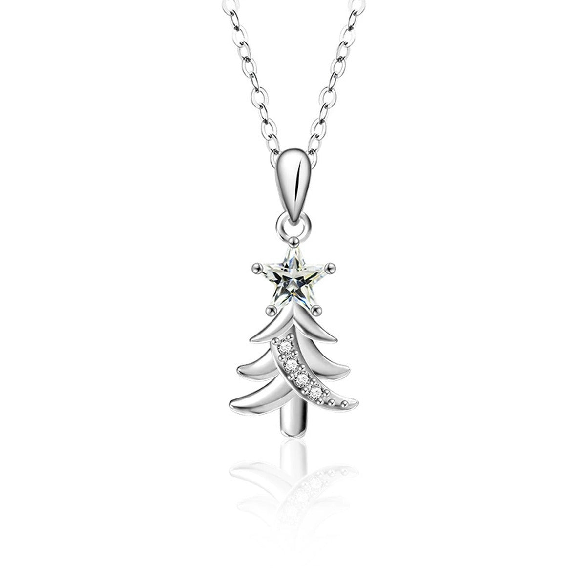 Christmas Tree Star Cut Moissanite Necklace with CZ in Gold-Plated S925 sterling silver alternate metal color white background product view showing sculptural Christmas tree pendant crowned with a star-cut moissanite and CZ accents