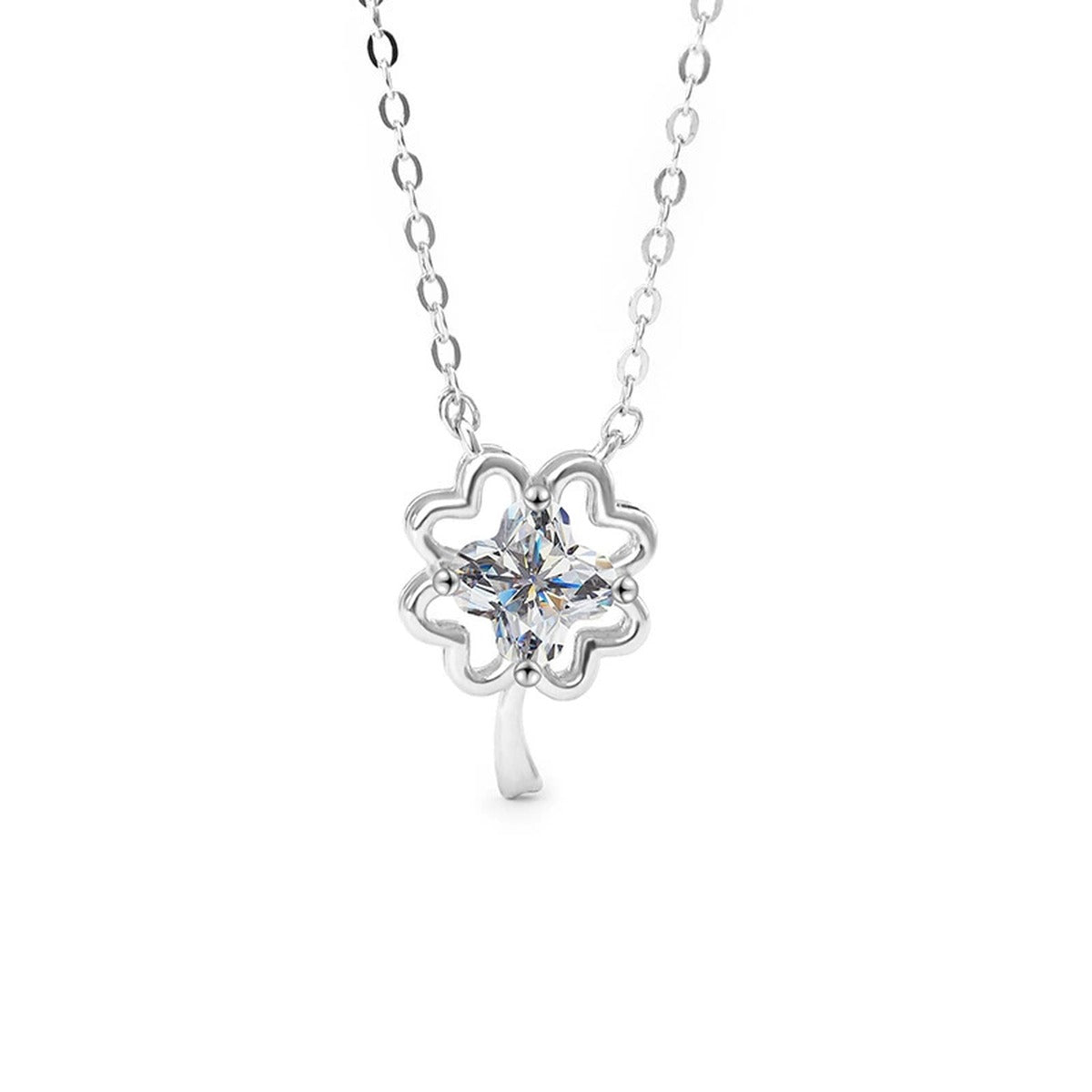 Four-Leaf Clover Cut Moissanite Necklace in Gold-Plated S925 sterling silver alternate metal color white background product view showing layered four-leaf clover pendant centered with a custom clover-cut moissanite