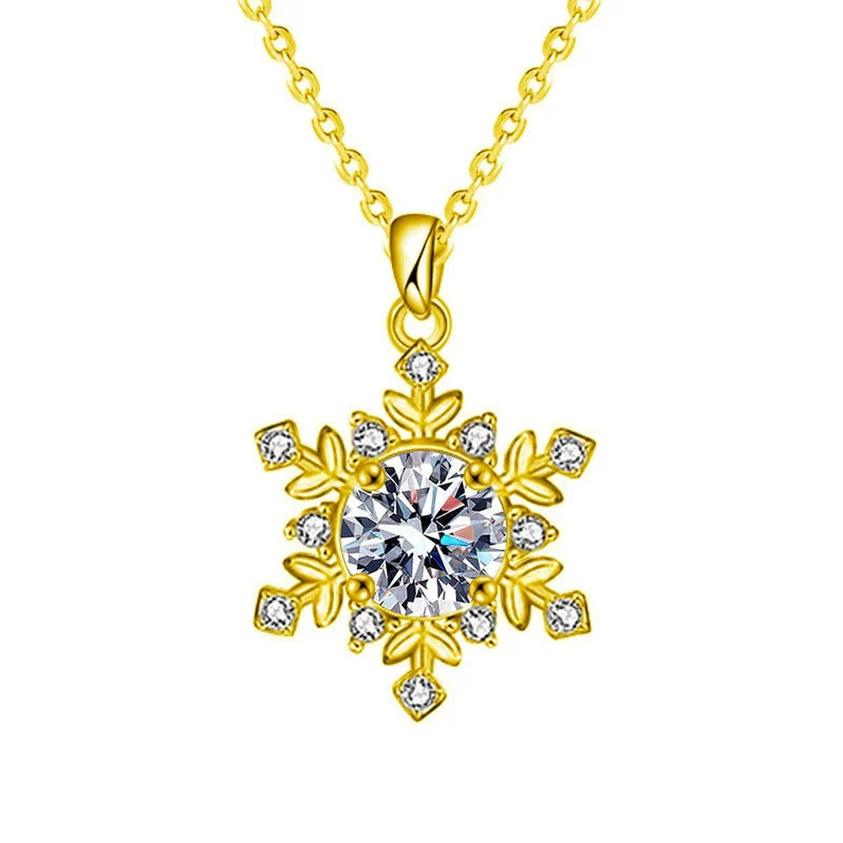 Snowflake Round Moissanite Pendant Necklace in Gold-Plated S925 sterling silver white background front product view showing a detailed snowflake centered by a round moissanite